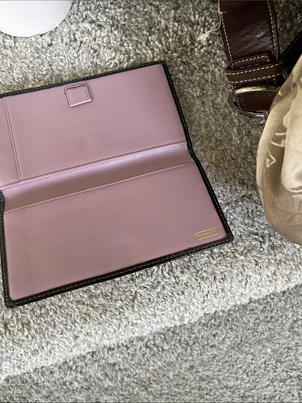 Coach Beige Signature Carriage Crossbody with Pink Lining